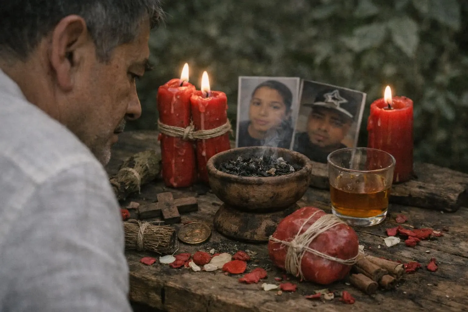 Altar con velas atadas e incienso para un ritual de amarres de amor